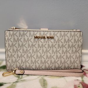Michael Kors Cream and Pink Logo Wristlet